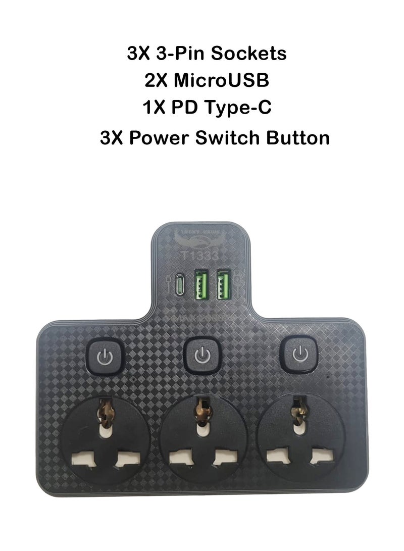 Lucky Hawk محول حائط مع 3 مقابس عالمية، 2 منفذ USB و 1 منفذ Type-C، تمديد متعدد المقابس مع 3 مفاتيح فردية، مقبس طاقة ذكي 2000 واط، شحن سريع 2.1 أمبير للمنزل، المكتب والسفر باللون الأسود - Image 2